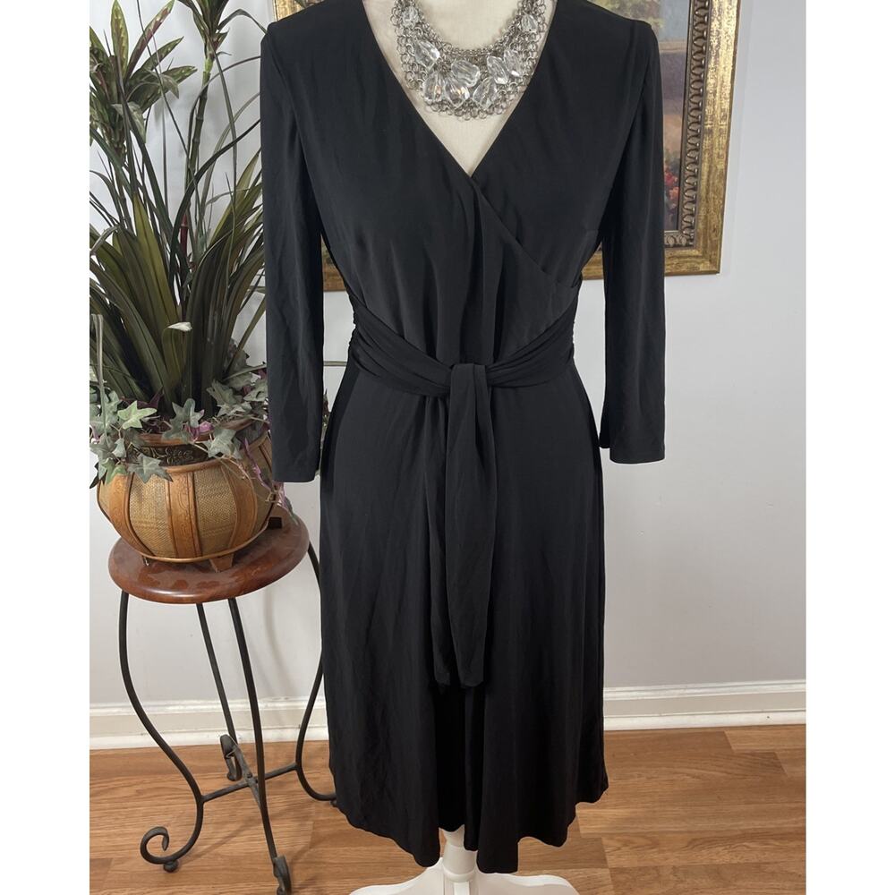 Kasper Dress Size 8 Black Faux Wrap A-Line Midi Tie Waist 3/4 Sleeve Stretch - Picture 2 of 12